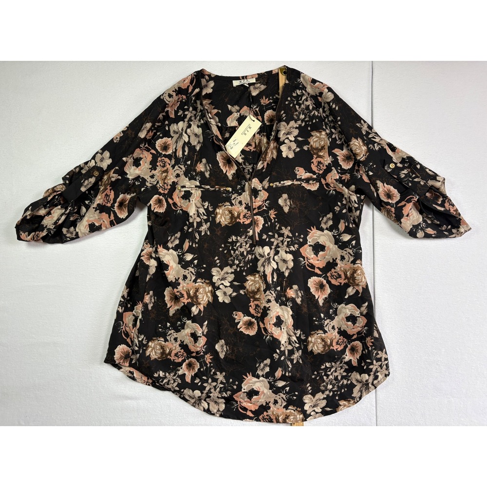 NWT MPH Collection Black Floral Zip Neck Roll Sleeve Tunic Blouse Plus Size 1X - Picture 1 of 6